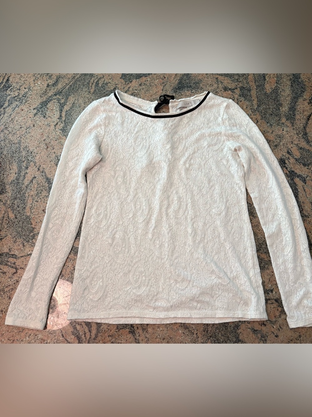 LOFT White Textured Jacquard Long Sleeve Top with Black Trim, Size S